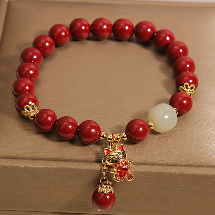 Braccialetto di benedizione con ciondolo gatto portafortuna naturale Buddha Stones Cinnabar - image 4