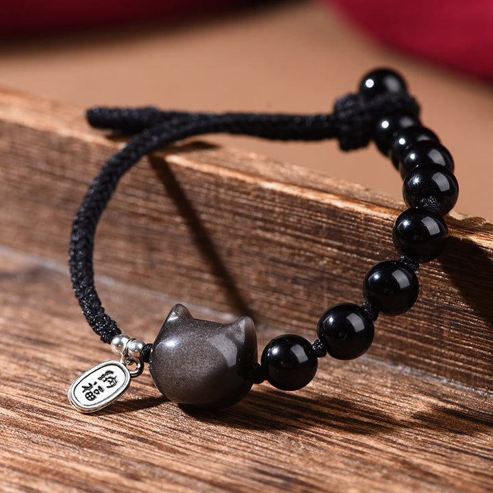 Bracciale Buddha Stones Ossidiana nera Argento lucido Ossidiana Gatto carino Leone danzante Forza - image 2