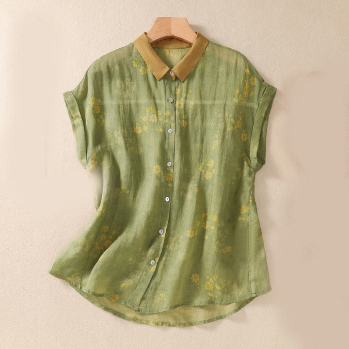 Camicia da donna a maniche corte con bottoni a forma di foglie e piccoli fiori gialli Buddha Stones. - GialloVerde - US8-10, UK/AU12-14, EU40-42 (2XL) - image 0