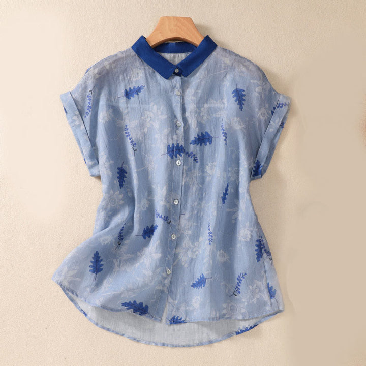 Camicia da donna a maniche corte con bottoni a forma di foglie e piccoli fiori gialli Buddha Stones. - Cielo Blu - US8-10, UK/AU12-14, EU40-42 (2XL) - image 9