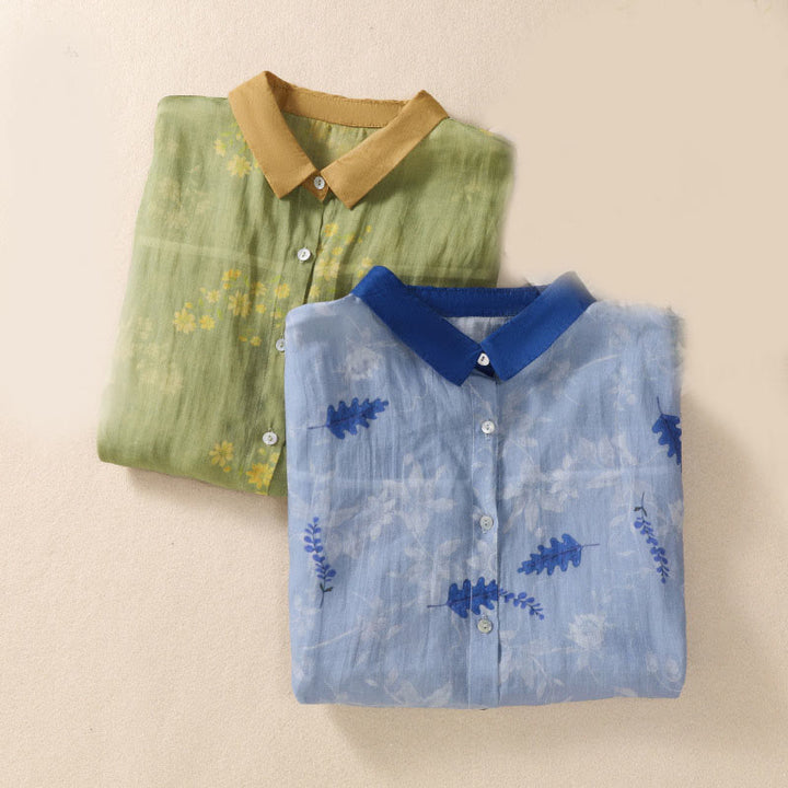 Camicia da donna a maniche corte con bottoni a forma di foglie e piccoli fiori gialli Buddha Stones. - image 16
