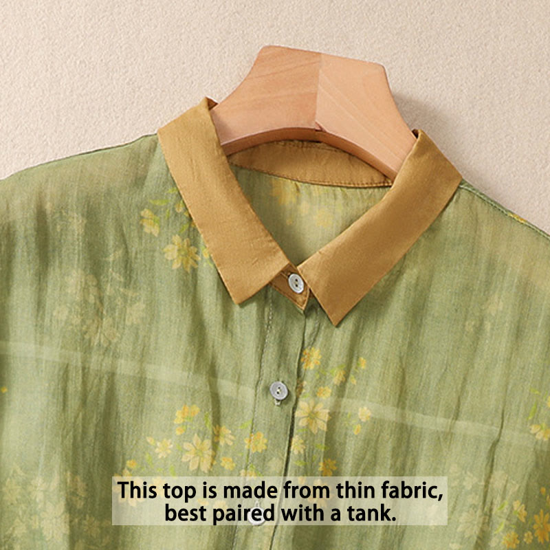 Camicia da donna a maniche corte con bottoni a forma di foglie e piccoli fiori gialli Buddha Stones. - image 3