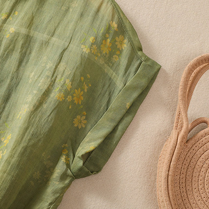 Camicia da donna a maniche corte con bottoni a forma di foglie e piccoli fiori gialli Buddha Stones. - image 5