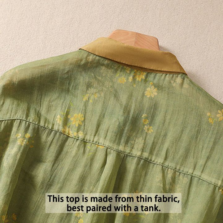 Camicia da donna a maniche corte con bottoni a forma di foglie e piccoli fiori gialli Buddha Stones. - image 4