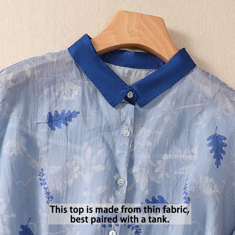 Camicia da donna a maniche corte con bottoni a forma di foglie e piccoli fiori gialli Buddha Stones. - image 11