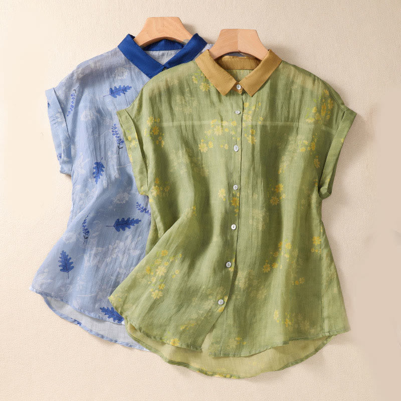 Camicia da donna a maniche corte con bottoni a forma di foglie e piccoli fiori gialli Buddha Stones. - image 1