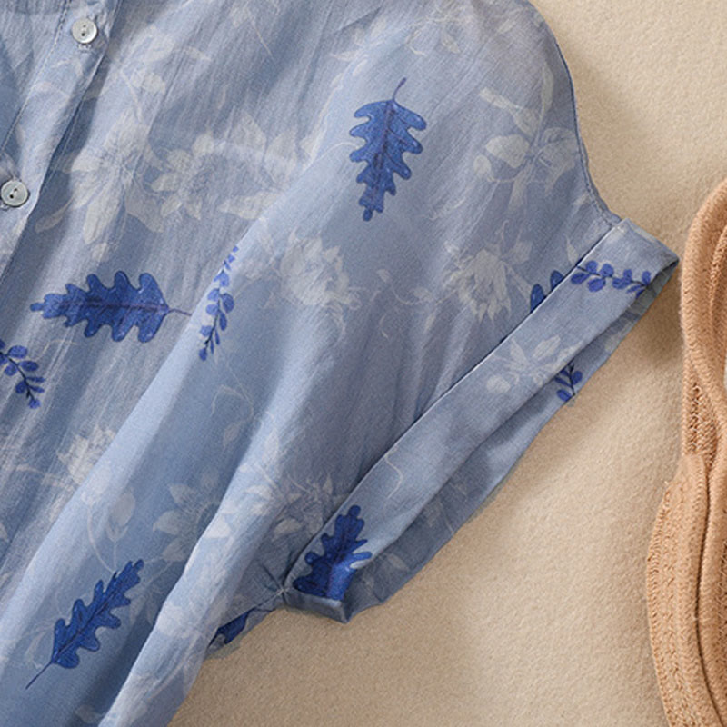 Camicia da donna a maniche corte con bottoni a forma di foglie e piccoli fiori gialli Buddha Stones. - image 13