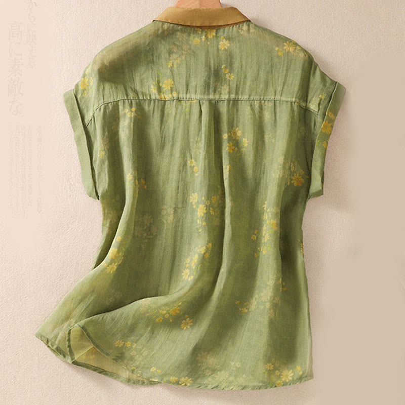 Camicia da donna a maniche corte con bottoni a forma di foglie e piccoli fiori gialli Buddha Stones. - image 2