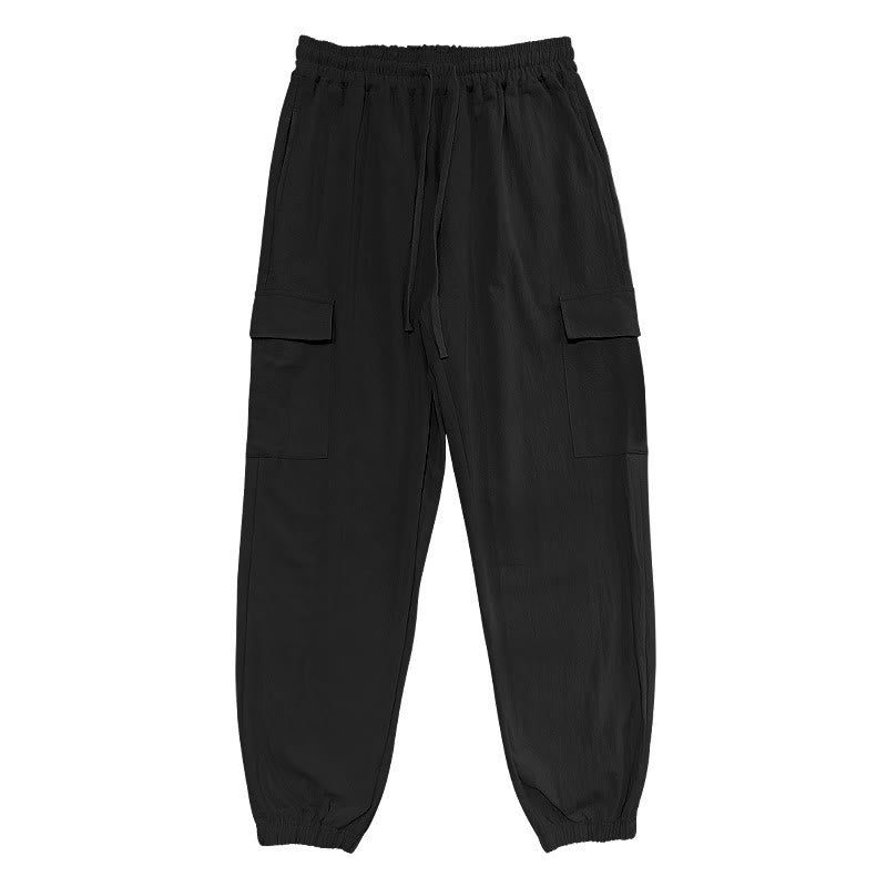 Pantaloni cargo da uomo in lino tinta unita con coulisse e tasche Buddha Stones - image 4