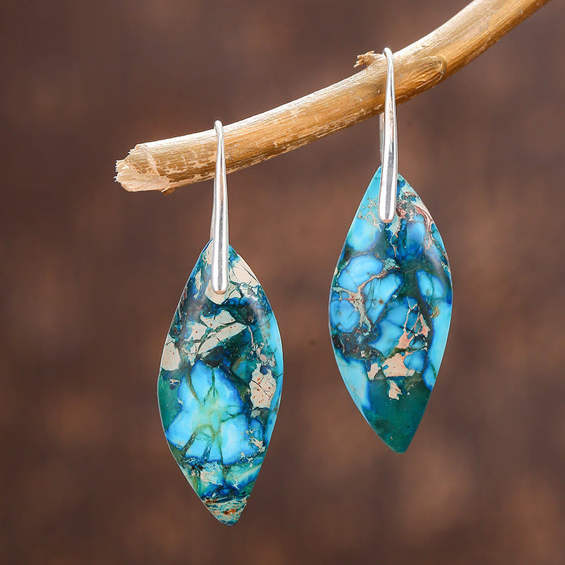 Orecchini della felicità a forma di foglia con goccia d'acqua in pietra naturale dell'imperatore Buddha Stones - Pietra dell'Imperatore Blu (Pali di Rame) - image 5