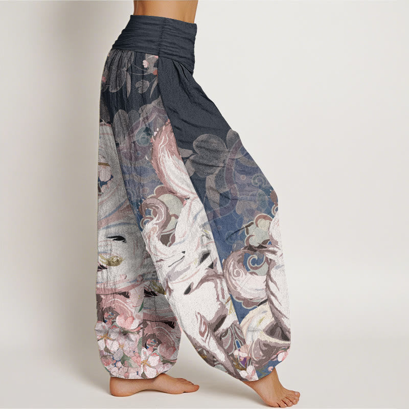 Pantaloni harem da donna con elastico in vita, in puro cotone, con motivo a fiori di ciliegio e pietre Buddha Stones - image 1
