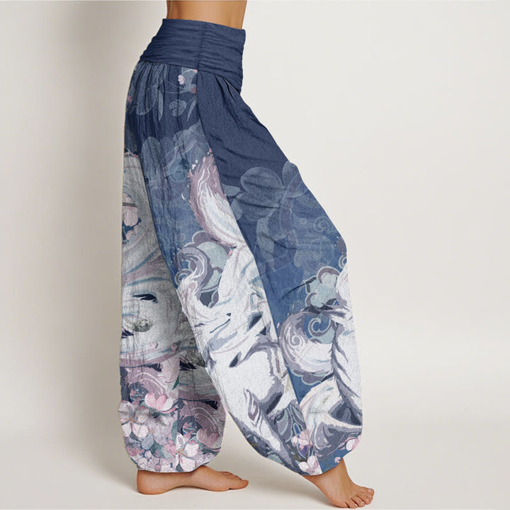Pantaloni harem da donna con elastico in vita, in puro cotone, con motivo a fiori di ciliegio e pietre Buddha Stones - image 9