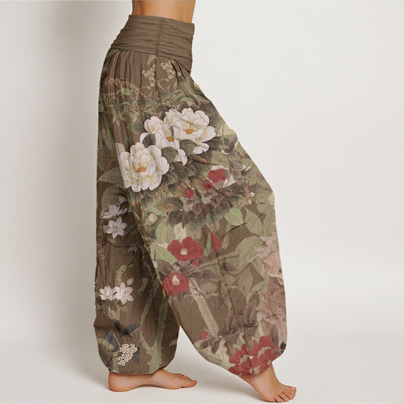 Pantaloni harem da donna con elastico in vita, in puro cotone, casual, con fiori di peonia e foglie di gazza, Buddha Stones - image 6