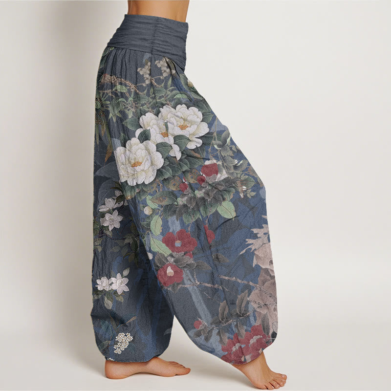 Pantaloni harem da donna con elastico in vita, in puro cotone, casual, con fiori di peonia e foglie di gazza, Buddha Stones - image 9