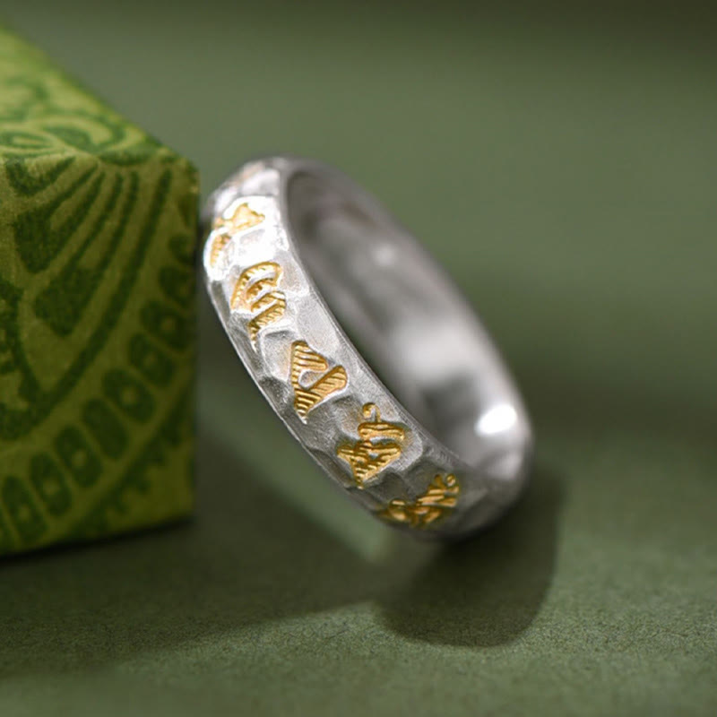 Anello della ricchezza in argento placcato rame con motivo a martello Buddha Stones Om Mani Padme Hum - image 3