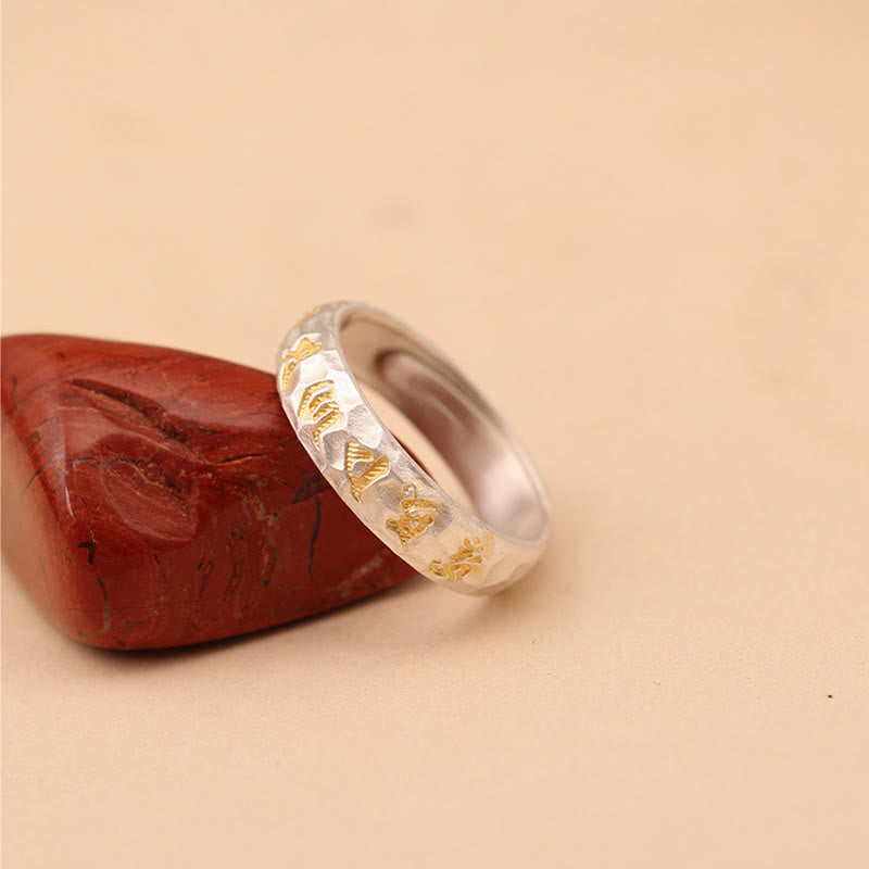 Anello della ricchezza in argento placcato rame con motivo a martello Buddha Stones Om Mani Padme Hum - image 15