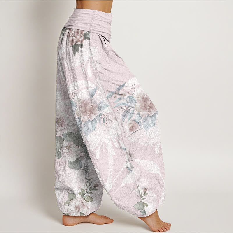 Pantaloni harem da donna con elastico in vita, in puro cotone, con fiori e foglie bianche, motivo Buddha Stones - image 2