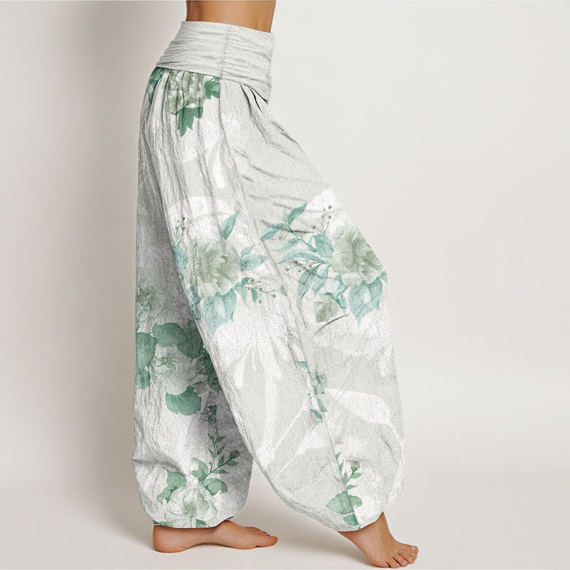 Pantaloni harem da donna con elastico in vita, in puro cotone, con fiori e foglie bianche, motivo Buddha Stones - image 7