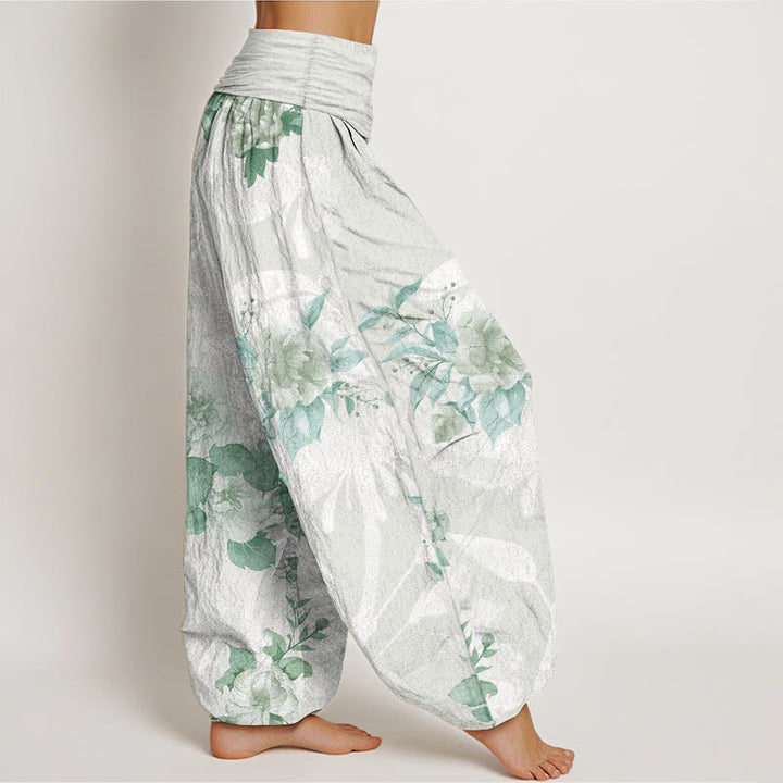 Pantaloni harem da donna con elastico in vita, in puro cotone, con fiori e foglie bianche, motivo Buddha Stones - image 7