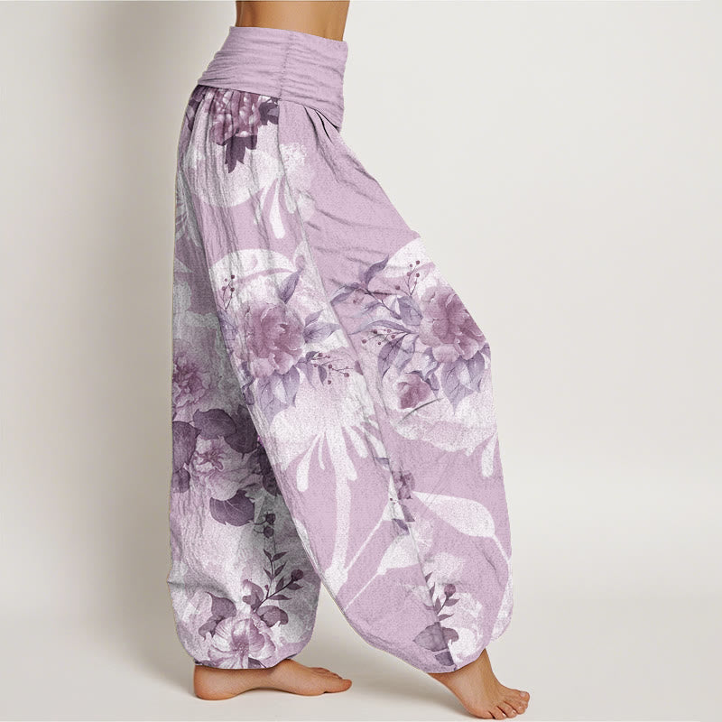 Pantaloni harem da donna con elastico in vita, in puro cotone, con fiori e foglie bianche, motivo Buddha Stones - image 10