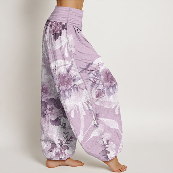 Pantaloni harem da donna con elastico in vita, in puro cotone, con fiori e foglie bianche, motivo Buddha Stones - image 10
