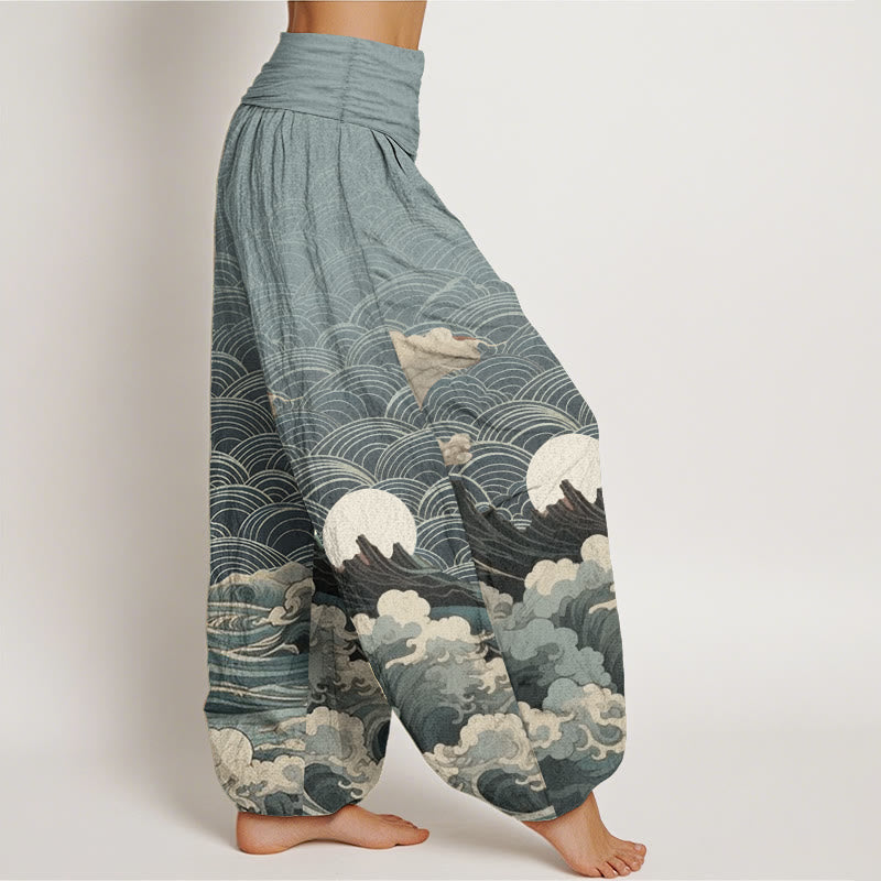 Pantaloni harem da donna con elastico in vita, modello casual in puro cotone con motivo a onde, luna e montagna, motivo Buddha Stones - image 7