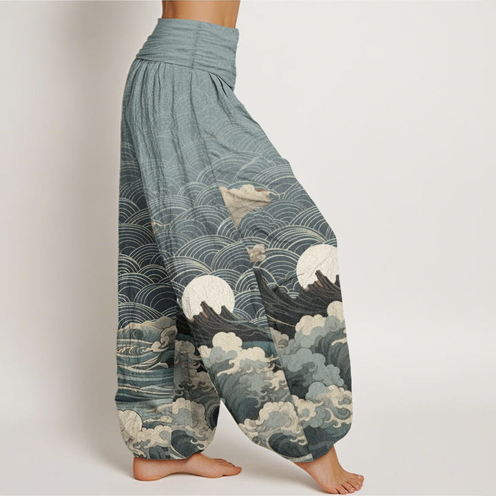 Pantaloni harem da donna con elastico in vita, modello casual in puro cotone con motivo a onde, luna e montagna, motivo Buddha Stones - image 7