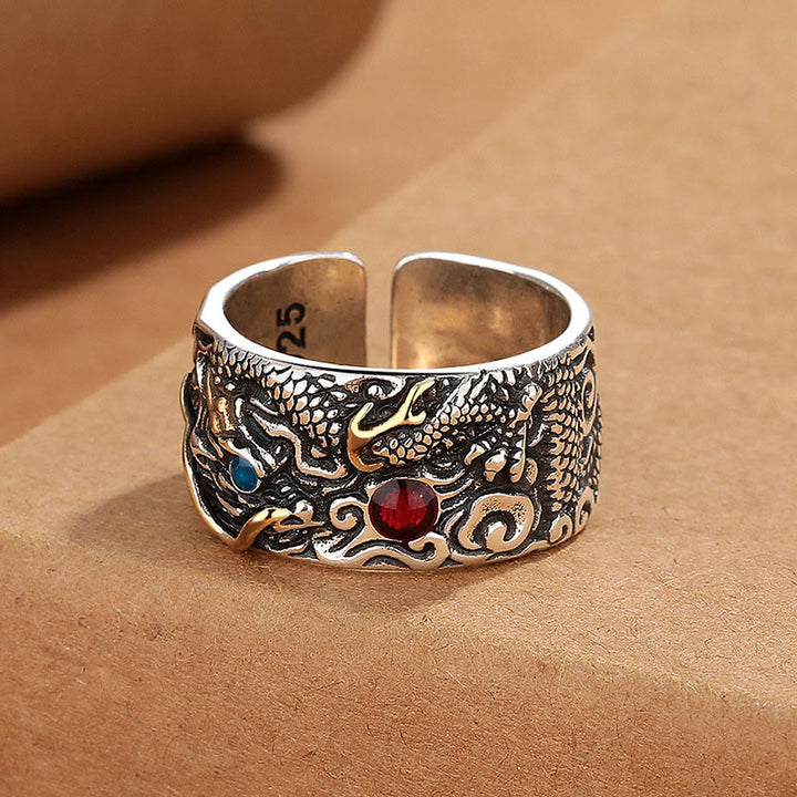 Anello di bilanciamento in argento placcato rame con motivo drago vintage Buddha Stones - image 3