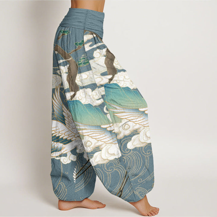 Pantaloni harem da donna in cotone con elastico in vita, motivo : Buddha Stones, gru volanti, nuvole di buon auspicio, albero - image 10