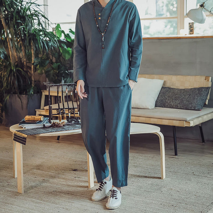 Set di 2 pezzi di stoffa per meditazione da uomo, con camicia in cotone e pantaloni alla caviglia con tasche, motivo Buddha Stones - Verde acqua - US/UK/AU44，EU54 (5XL) - image 18