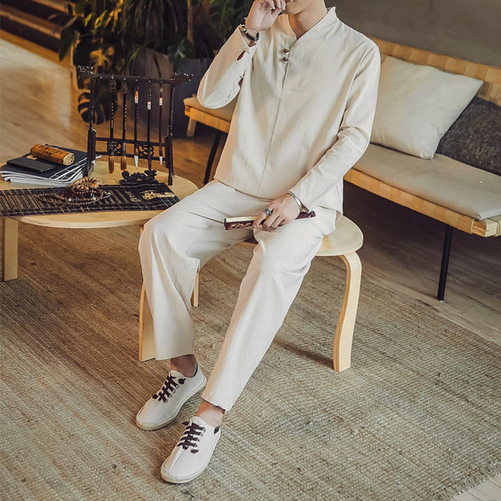 Set di 2 pezzi di stoffa per meditazione da uomo, con camicia in cotone e pantaloni alla caviglia con tasche, motivo Buddha Stones - image 3