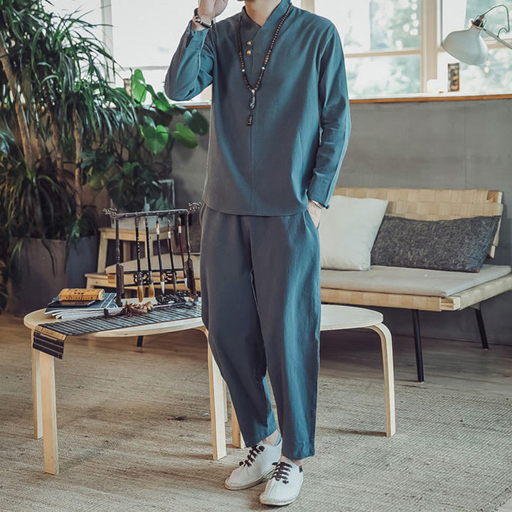 Set di 2 pezzi di stoffa per meditazione da uomo, con camicia in cotone e pantaloni alla caviglia con tasche, motivo Buddha Stones - image 21