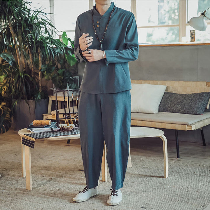 Set di 2 pezzi di stoffa per meditazione da uomo, con camicia in cotone e pantaloni alla caviglia con tasche, motivo Buddha Stones - image 20