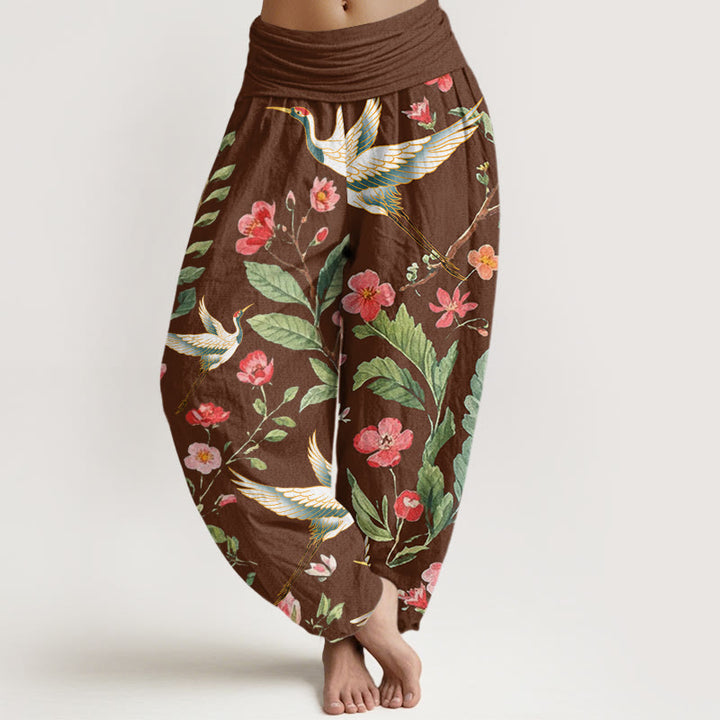 Pantaloni harem da donna con elastico in vita, motivo a gru, in cotone casual con fiori rossi e Buddha Stones - Marrone sella - US22, UK/AU26, EU54 (6XL) - image 4