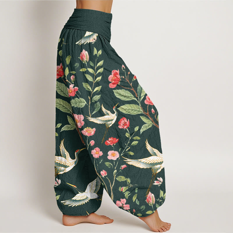 Pantaloni harem da donna con elastico in vita, motivo a gru, in cotone casual con fiori rossi e Buddha Stones - image 8
