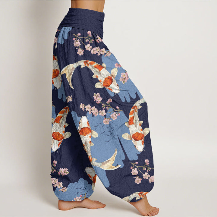 Pantaloni harem da donna con elastico in vita, in cotone, casual, motivo con pesci koi e fiori di ciliegio, motivo Buddha Stones - image 8