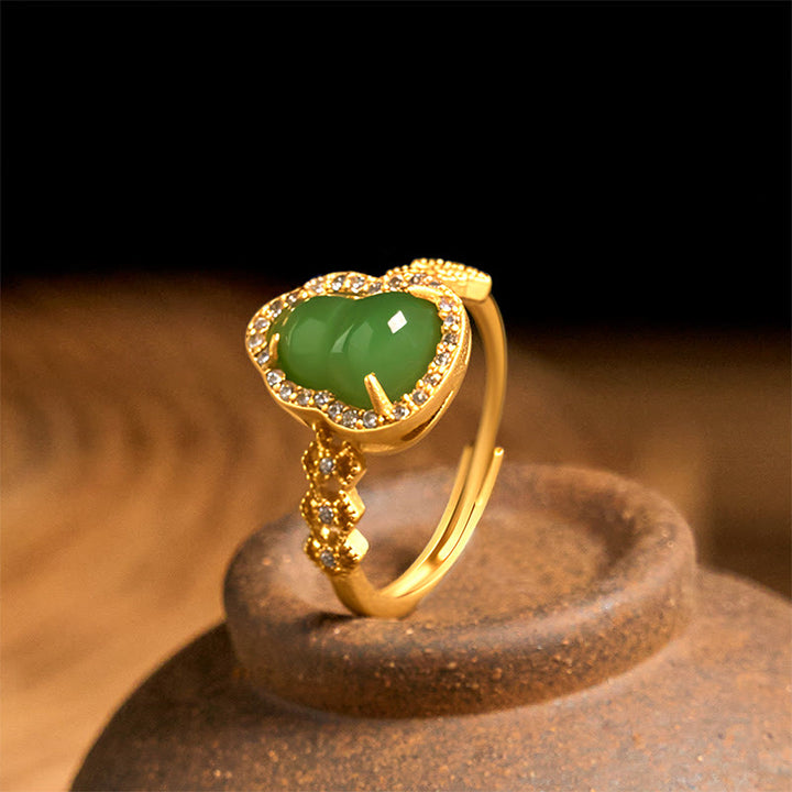 Anello regolabile in oro placcato rame con Buddha Stones, zucca vintage, calcedonio verde