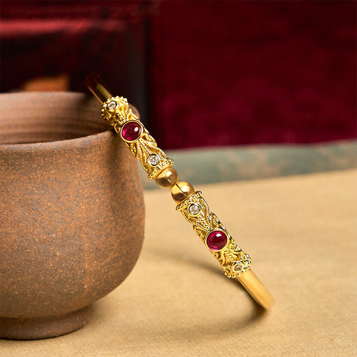 Bracciale rigido con motivo floreale Buddha Stones, zircone rosso, ambra e rame portafortuna - image 2