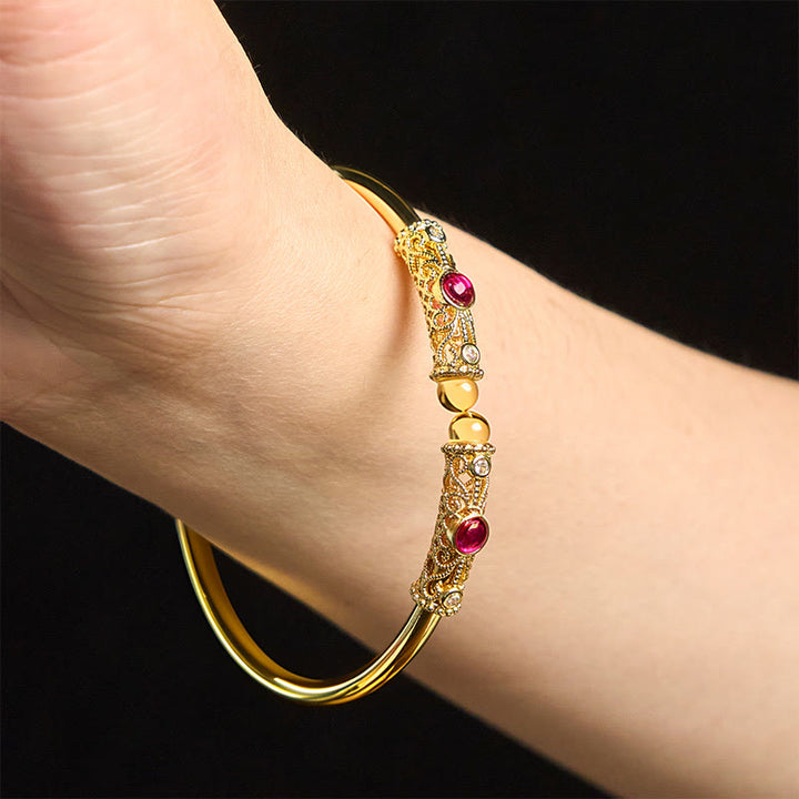 Bracciale rigido con motivo floreale Buddha Stones, zircone rosso, ambra e rame portafortuna - image 12