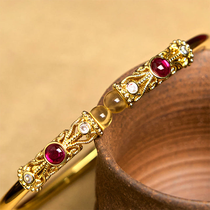 Bracciale rigido con motivo floreale Buddha Stones, zircone rosso, ambra e rame portafortuna - image 5