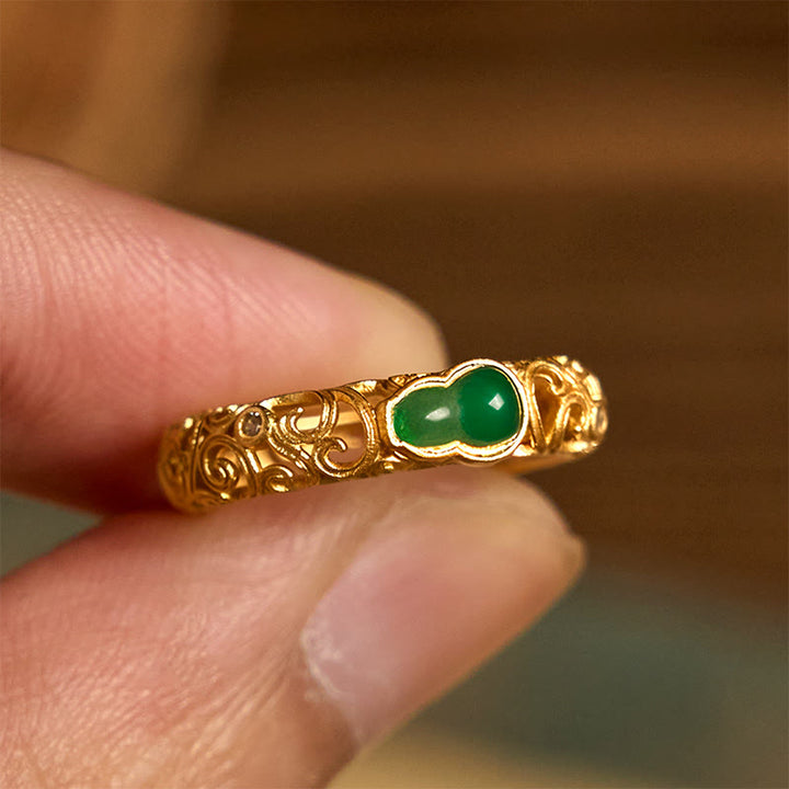 Anello di ricchezza in lega di rame con calcedonio verde zucca vintage Buddha Stones - image 9