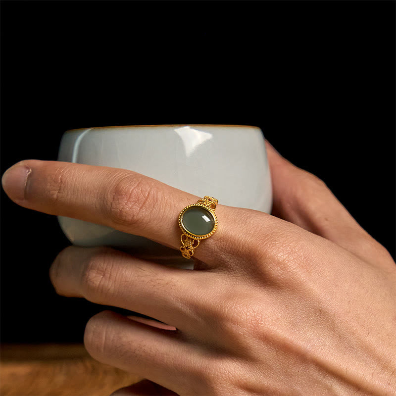 Anello portafortuna in giada con design cavo, placcato in oro e argento sterling 925 naturale Buddha Stones - image 16