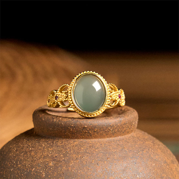 Anello portafortuna in giada con design cavo, placcato in oro e argento sterling 925 naturale Buddha Stones - image 9