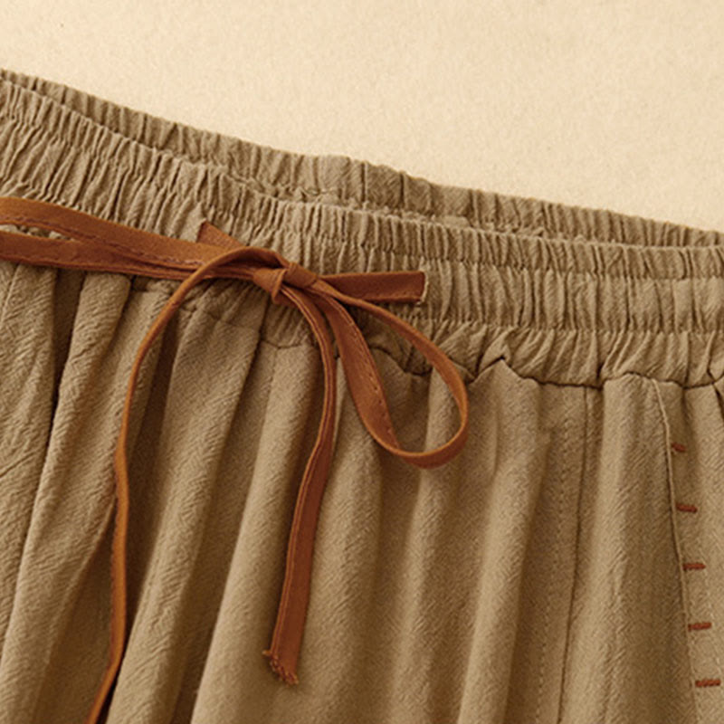 Pantaloni da donna a gamba larga, lunghezza 7-8, in cotone e lino, con spacchi laterali e motivo Buddha Stones, con tasche. - image 1