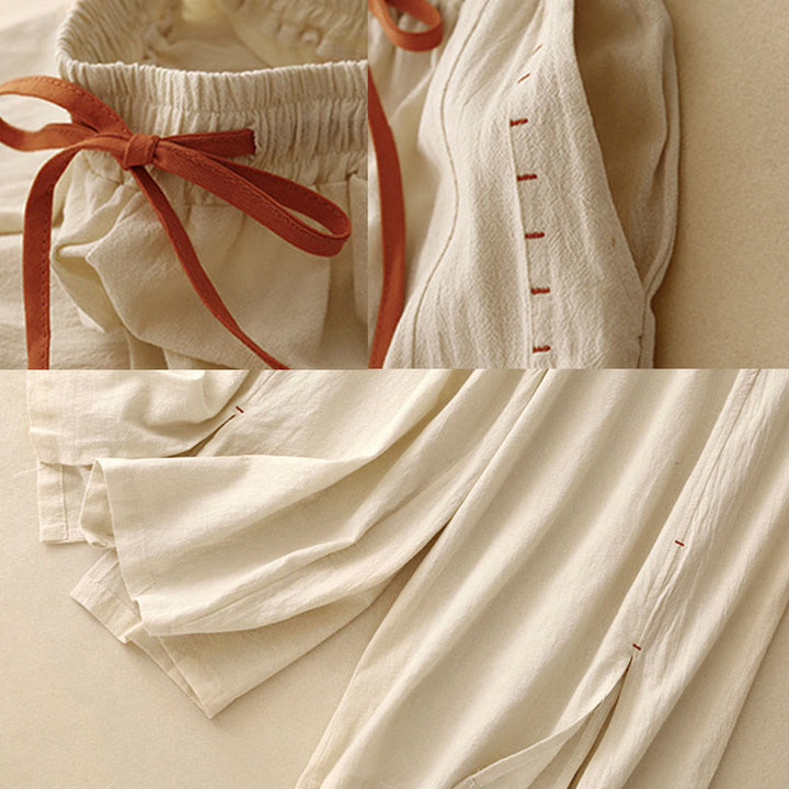 Pantaloni da donna a gamba larga, lunghezza 7-8, in cotone e lino, con spacchi laterali e motivo Buddha Stones, con tasche. - image 9