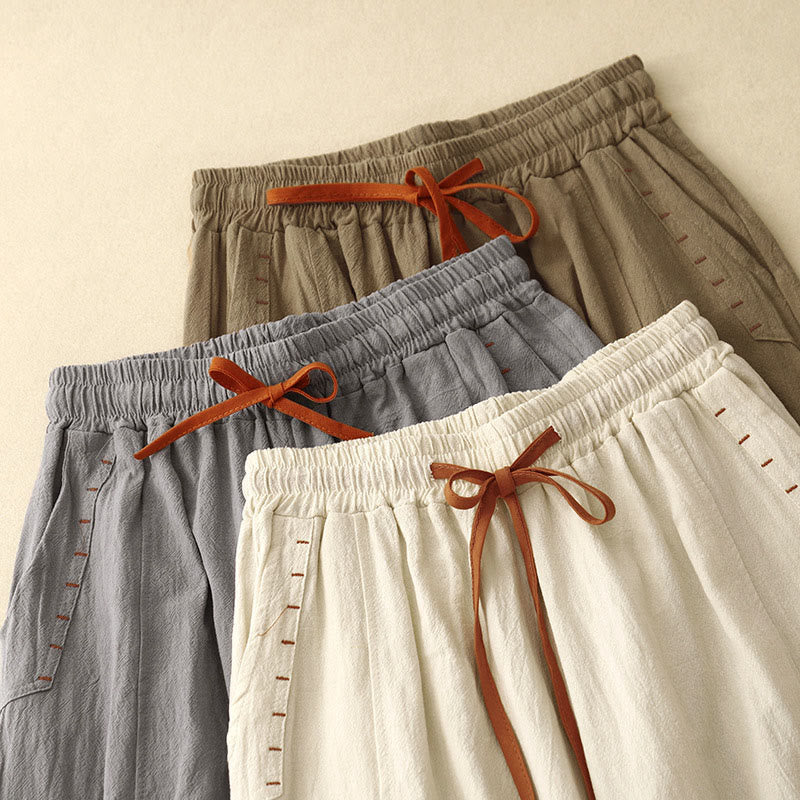 Pantaloni da donna a gamba larga, lunghezza 7-8, in cotone e lino, con spacchi laterali e motivo Buddha Stones, con tasche. - image 15
