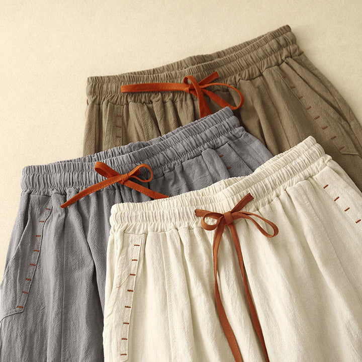 Pantaloni da donna a gamba larga, lunghezza 7-8, in cotone e lino, con spacchi laterali e motivo Buddha Stones, con tasche. - image 15