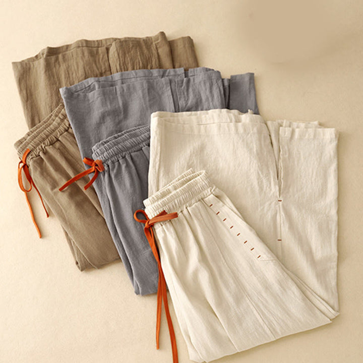 Pantaloni da donna a gamba larga, lunghezza 7-8, in cotone e lino, con spacchi laterali e motivo Buddha Stones, con tasche. - image 16