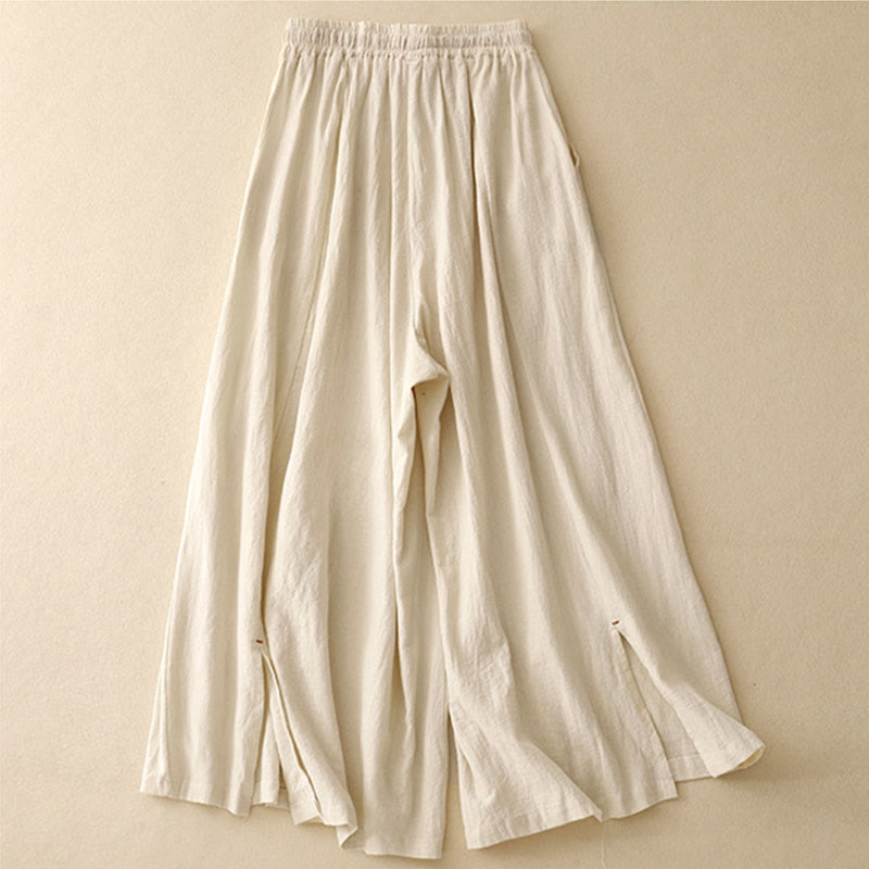Pantaloni da donna a gamba larga, lunghezza 7-8, in cotone e lino, con spacchi laterali e motivo Buddha Stones, con tasche. - image 4