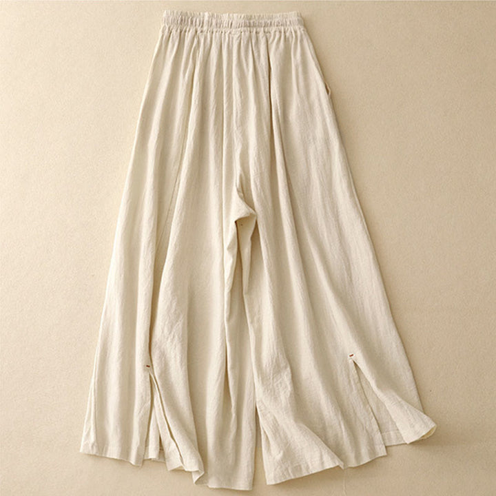 Pantaloni da donna a gamba larga, lunghezza 7-8, in cotone e lino, con spacchi laterali e motivo Buddha Stones, con tasche. - image 4